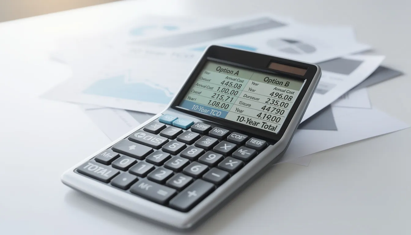The image displays a financial calculator screen showing a detailed comparison of the total cost of ownership for barrel saunas versus cabin saunas over a 10-year period. It highlights key factors such as energy efficiency, heat distribution, and overall expenses, providing insights for those considering an outdoor sauna investment.
