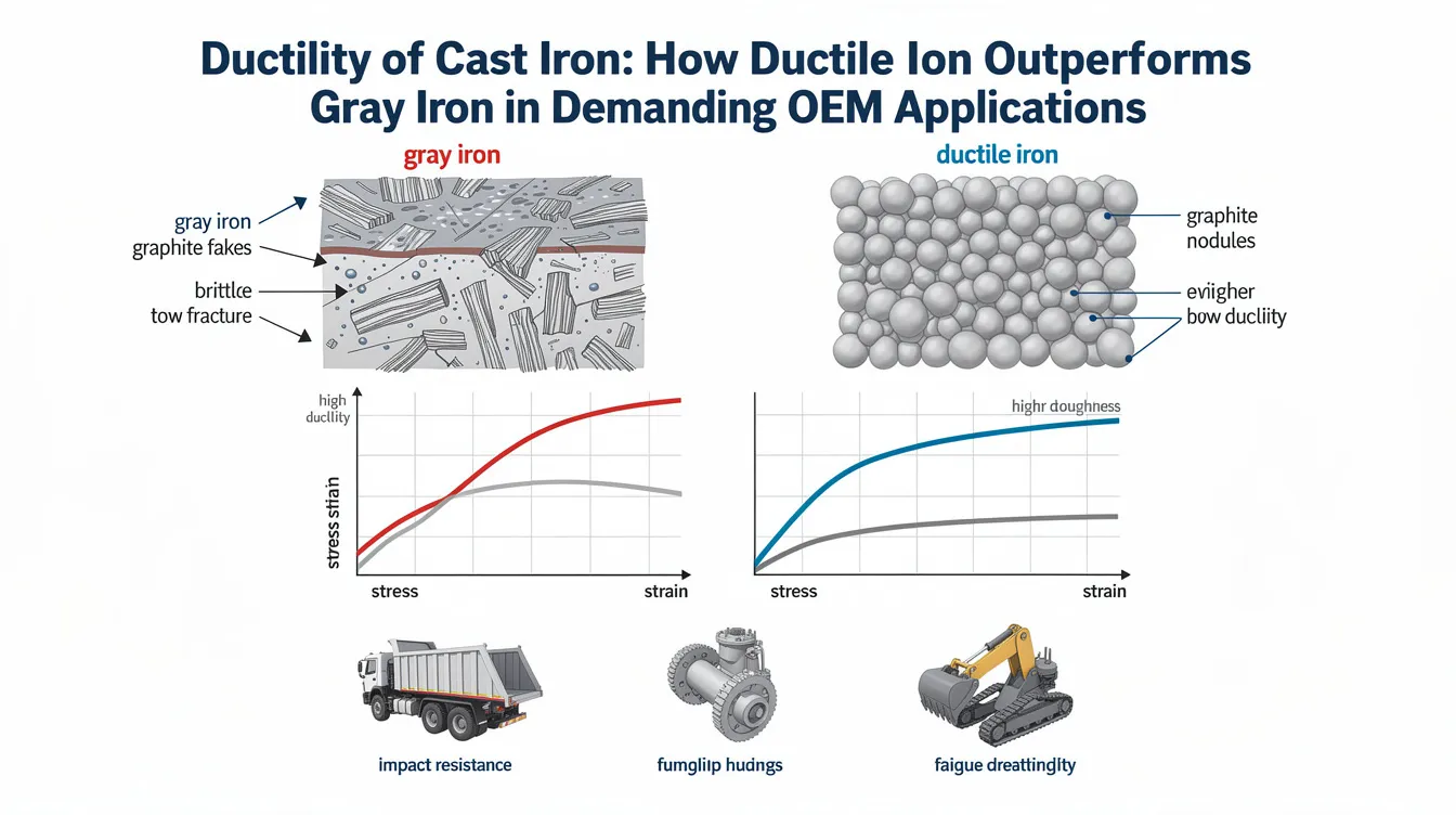 The image illustrates the comparison between ductile iron and gray cast iron, highlighting the superior mechanical properties of ductile cast iron, such as its enhanced ductility, tensile strength, and impact resistance, making it a preferred material for demanding automotive components and industrial applications. The visual emphasizes the microstructure differences, showcasing the nodular graphite in ductile iron versus the traditional graphite flakes in gray iron.