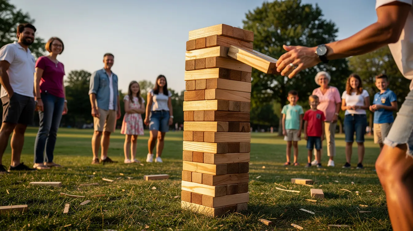 A collection of tall wooden tumbling timber blocks is stacked on a flat grassy area, surrounded by people enjoying the outdoor game in the warm sun. This scene captures the fun and entertainment of traditional board games, perfect for all ages.