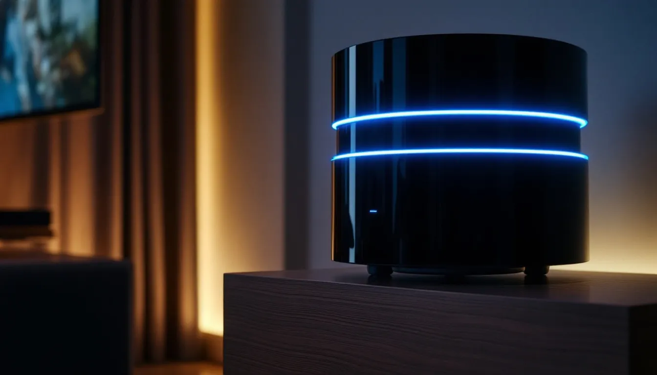 A stylish subwoofer enhancing bass in a home theater setup.
