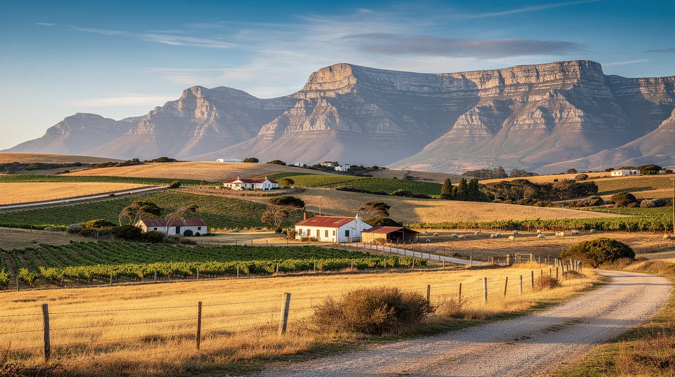 The image depicts a picturesque rural landscape in the Western Cape, showcasing expansive farmland with lush green fields and distant mountains under a clear blue sky. This serene setting could be a perfect spot for professional DSTV installations, ensuring crystal clear reception for local residents in Swellendam.