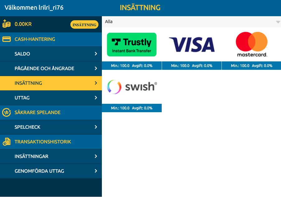 Insättningssida hos PlayMillion Casino med betalningsmetoder som Trustly, Visa, Mastercard och Swish samt minsta insättning på 100 kronor.