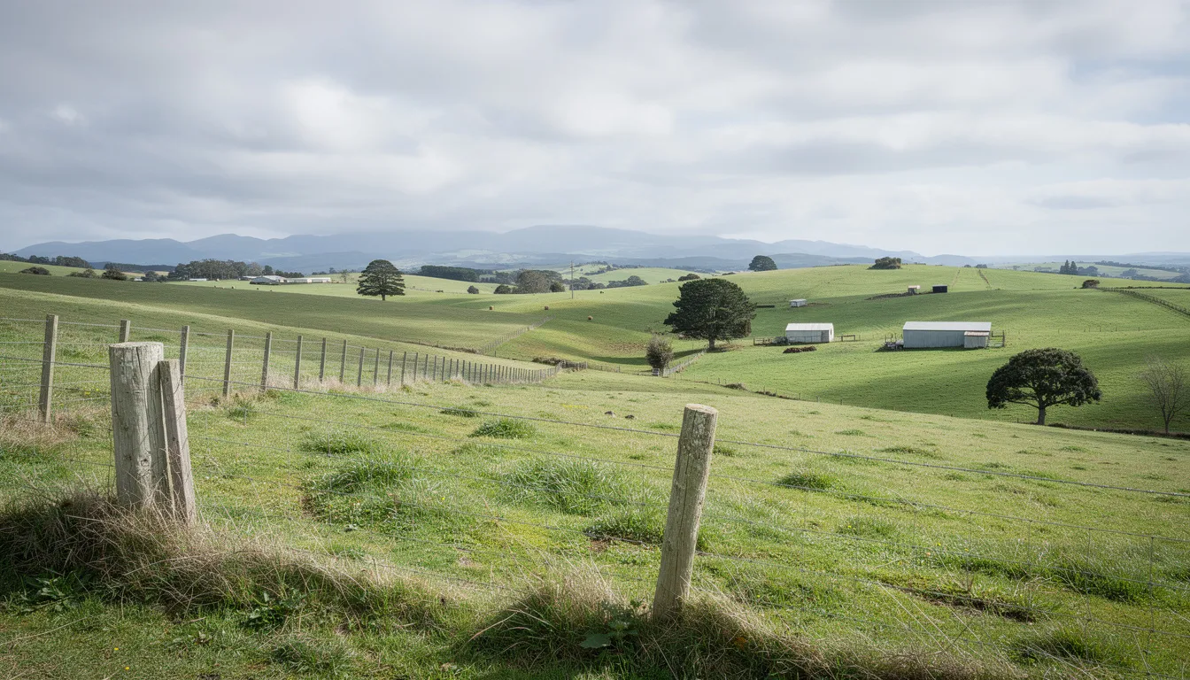 The image depicts a tranquil rural landscape in Kapiti, featuring a post and wire fence that demarcates lush green paddocks against a backdrop of distant hills. This scene highlights the aesthetic appeal of quality fencing solutions in outdoor spaces, suitable for both residential and commercial properties in New Zealand.