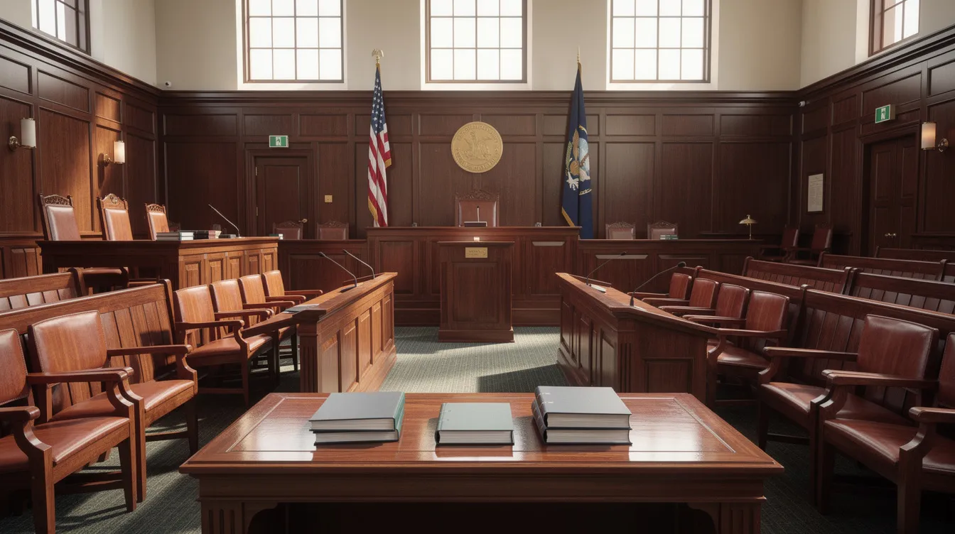 The image depicts a courtroom interior featuring wooden benches and an American flag, symbolizing the legal system where nursing home abuse cases can be addressed. This setting underscores the importance of pursuing legal action to seek justice for vulnerable residents affected by neglect and abuse in facilities across New Mexico.