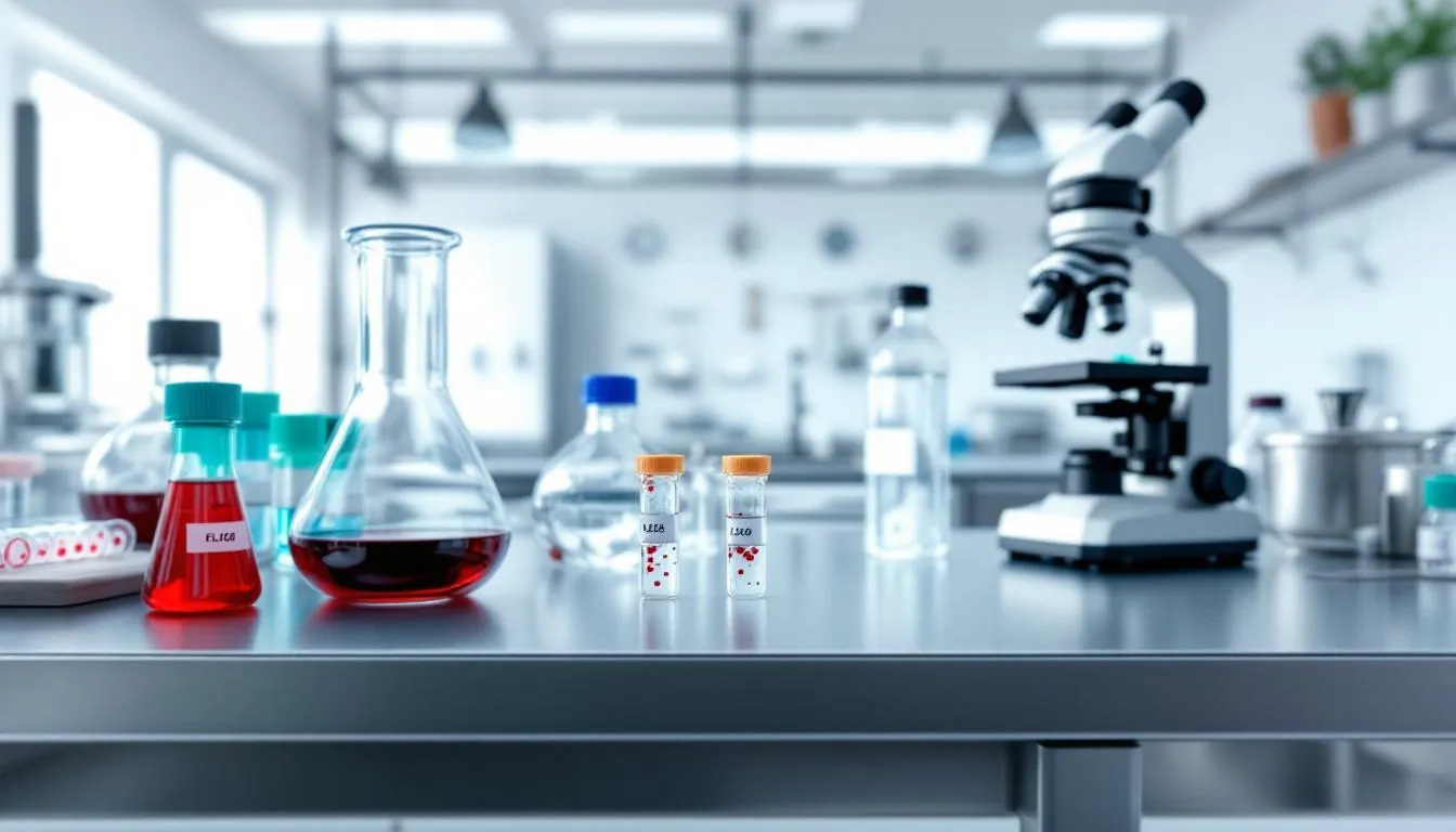 In a veterinary laboratory, various pieces of equipment are displayed alongside blood samples, highlighting the clinical findings associated with conditions like acute hemorrhagic diarrhea syndrome in dogs. The setup suggests a focus on diagnosing severe diseases that can lead to symptoms such as bloody diarrhea and abdominal pain in affected dogs.