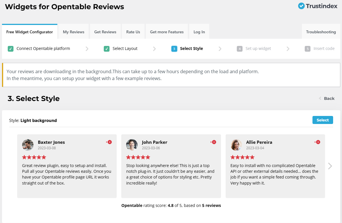 widget style for opentable reviews