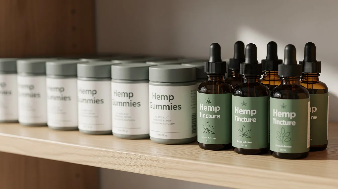 The image features a neatly arranged display of hemp-derived products, including colorful gummy containers and tincture bottles, set against a natural wooden shelf. This setup highlights the variety of medical cannabis products available for registered medical cannabis patients in West Virginia, emphasizing the state's medical cannabis program and legal access to hemp-derived THCA products.