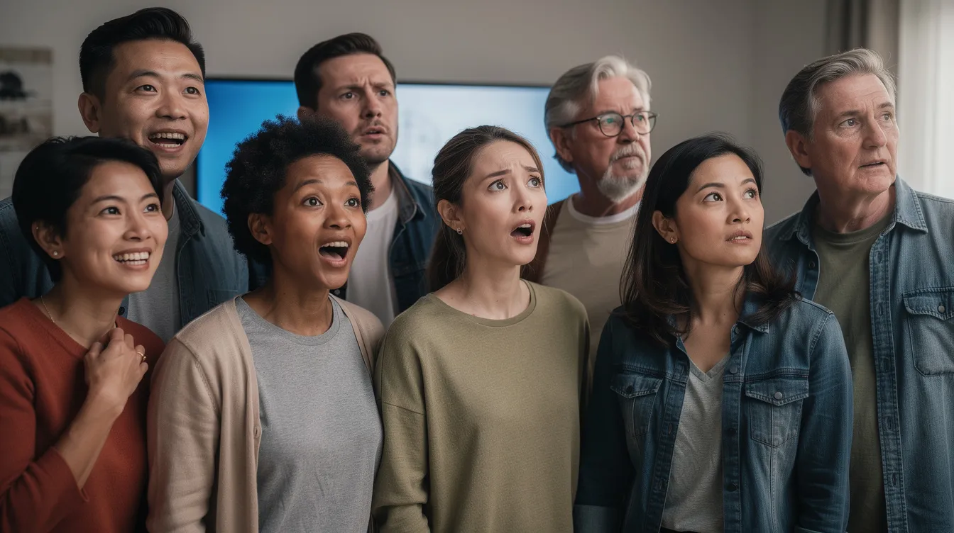 The image depicts a diverse group of people displaying a range of emotional expressions as they gather around to observe something together, highlighting the power of creative thinking and idea generation in a collaborative environment. Their engagement suggests a strong concept development process, aimed at effectively communicating with their target audience.