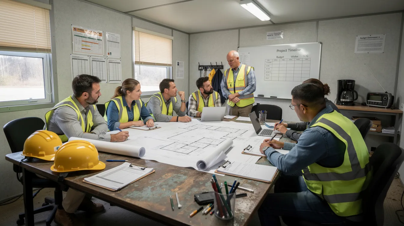 A construction team is gathered inside a jobsite trailer, attentively reviewing plans and cost documents related to their current construction project. The meeting focuses on project budgets and the impact of material costs on the overall construction process, highlighting the importance of efficiency and quality in managing construction operations.