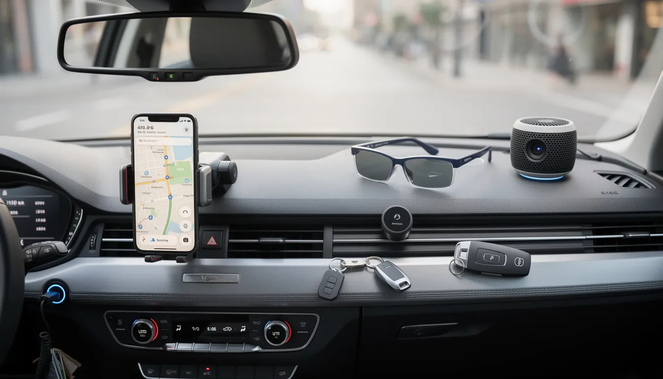 Auf einem Armaturenbrett sind verschiedene Auto-Gadgets und Zubehörteile angeordnet, die für Autoliebhaber und Männergeschenke geeignet sind. Die Anordnung umfasst praktische Geschenkideen, die den Fahrspaß und das Erlebnis beim Autofahren erhöhen können.