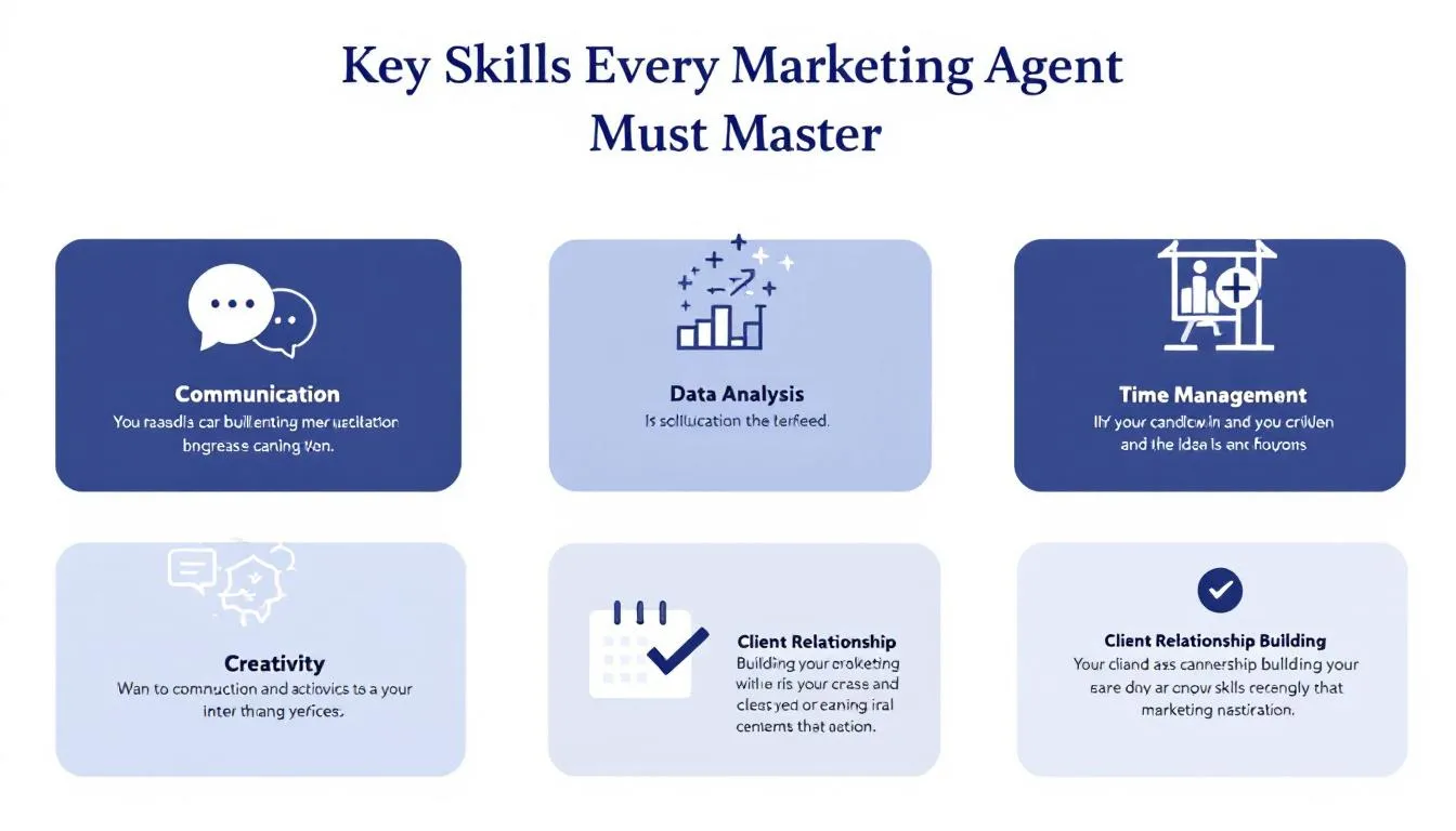 The image depicts a diverse group of marketing agents engaged in a collaborative brainstorming session, highlighting key skills such as data analysis, critical thinking, and creativity essential for optimizing marketing campaigns. Various marketing materials and technology tools are visible, emphasizing the importance of effective communication and relationship building in reaching target audiences and increasing brand visibility.