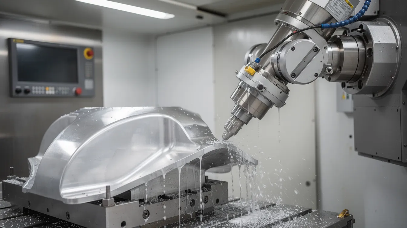 The image depicts a five-axis CNC machine head angled to precisely cut a curved metal component used in the aerospace industry. This advanced CNC machining process is essential for creating complex geometries and ensuring tight tolerances in aerospace applications.