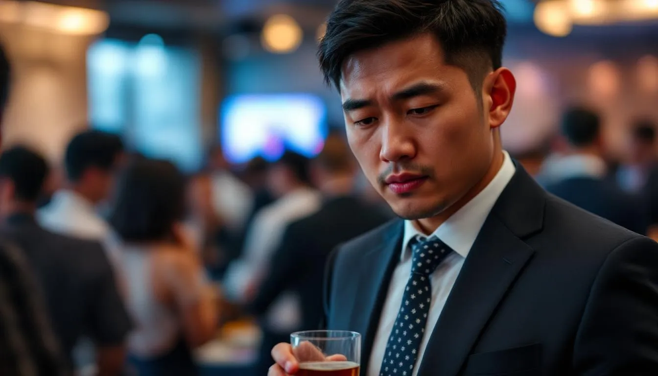 A close-up image of a Southeast Asian man at a networking event, looking unsure and lacking confidence, as he navigates the challenges of building connections without selling. The atmosphere suggests he is contemplating how to engage with others in this social setting.