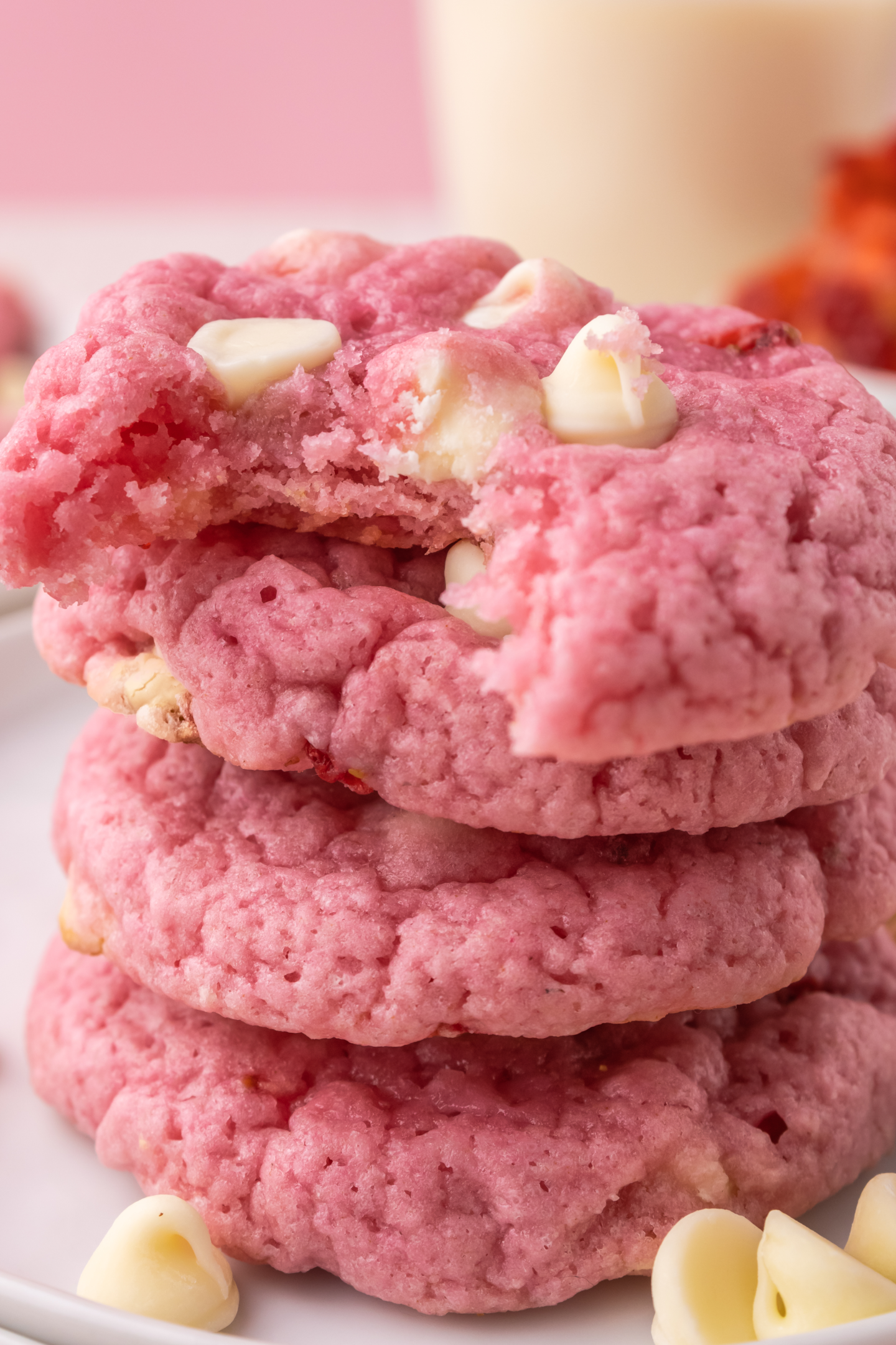 four fresh strawberry white chocolate chip cookies stacked