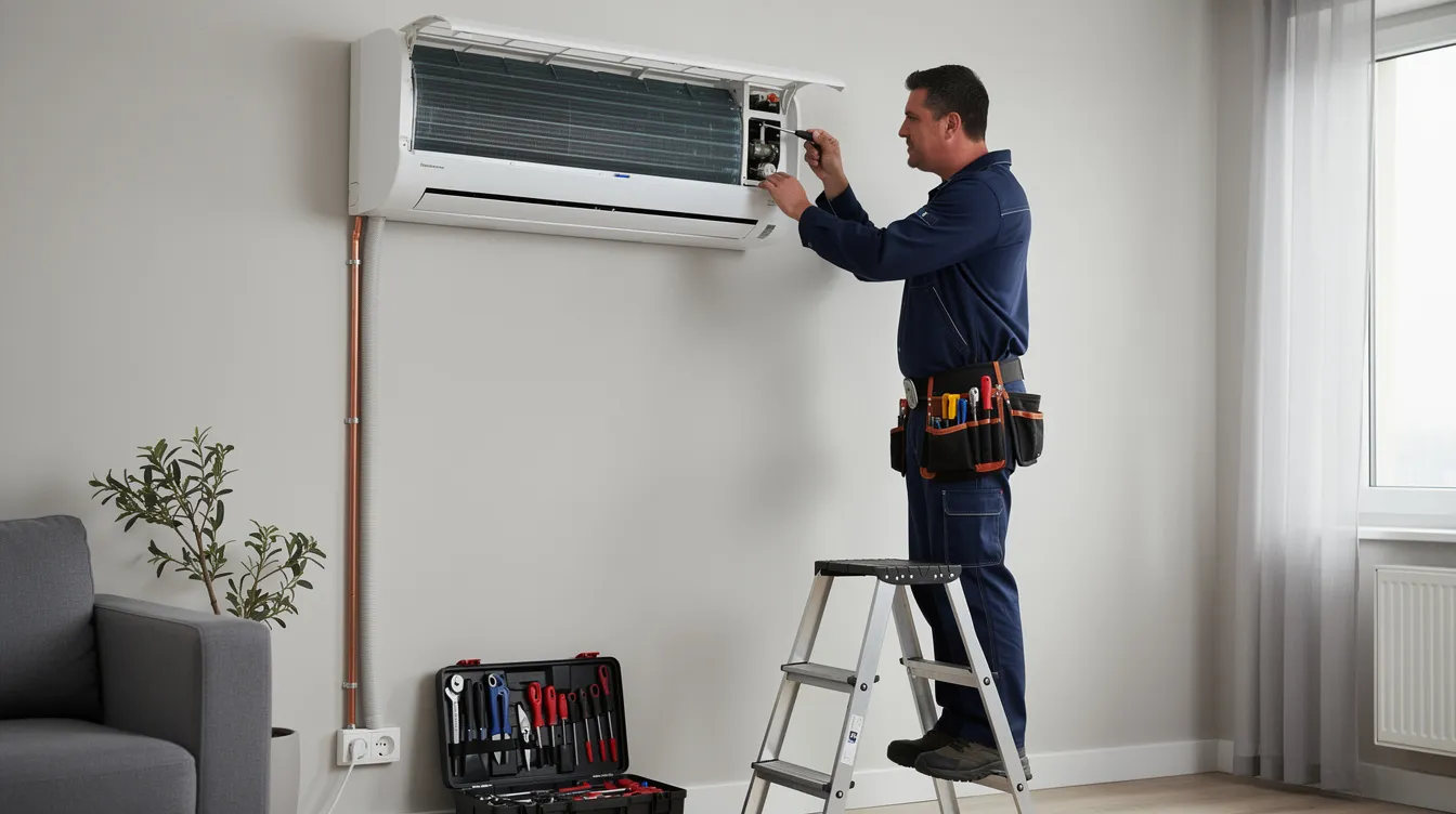 A skilled technician is servicing a wall-mounted split air conditioning unit indoors, ensuring it operates efficiently and addressing any potential air conditioning problems. The technician is focused on maintaining the cooling system to enhance energy efficiency and reduce energy bills.