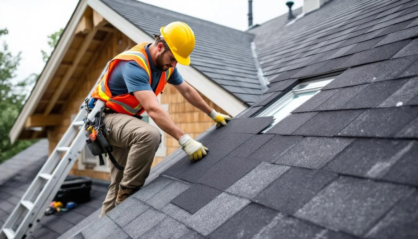 A professional roofer is skillfully installing valley shingles at the intersection of two roof planes, ensuring proper alignment and sealing with roof cement for a weather-resistant finish. The image highlights the detailed process of creating a reliable valley system, showcasing both the laminated and three-tab shingles used in the roofing project.