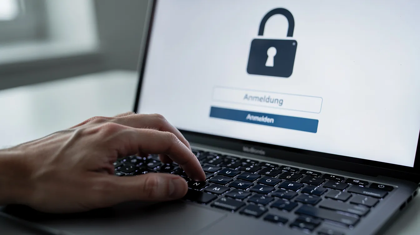 Eine Nahaufnahme einer Hand, die auf einer Laptop-Tastatur tippt, während auf dem Bildschirm ein Schloss-Symbol zu sehen ist, was auf die Eingabe eines Passworts hinweist. Diese Szene könnte im Kontext der Nutzung von Branchensoftware wie egeko stehen, die für Leistungserbringer wichtige Daten und Abrechnungsfragen verwaltet.
