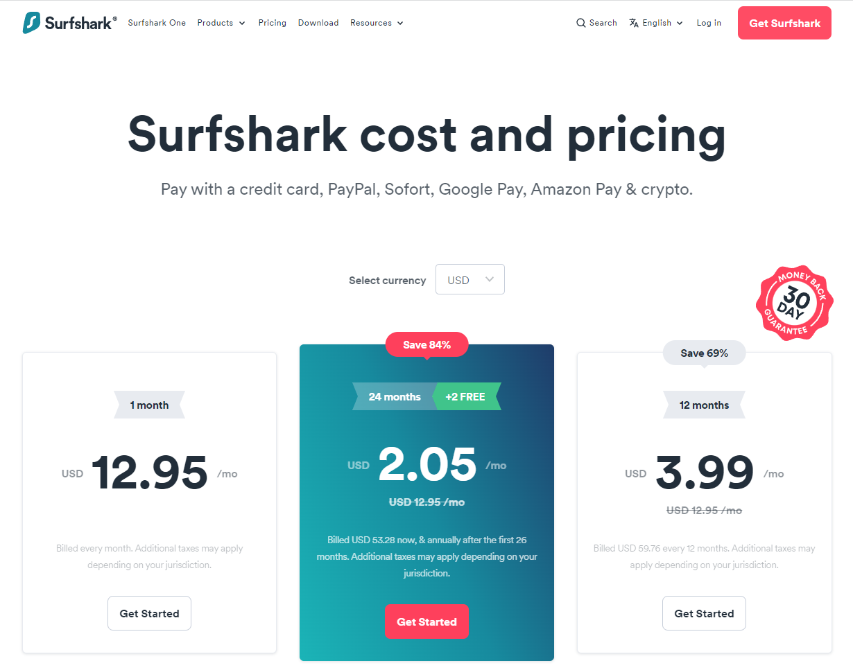 Surfshark VPN pricing page