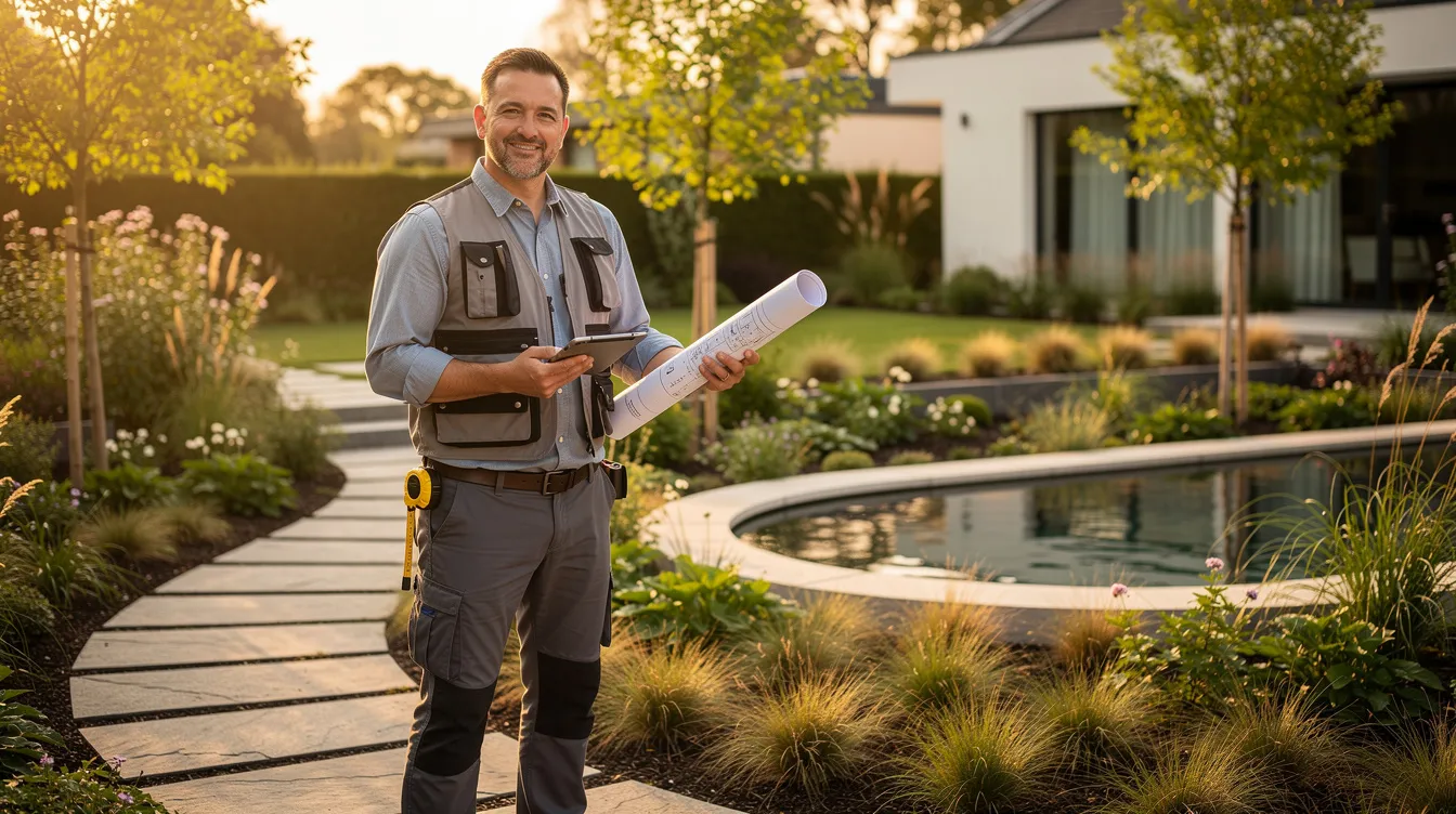 The image depicts a professional landscape designer using advanced landscape design software to create an impressive landscape plan. The designer is surrounded by plant symbols and various design elements, showcasing a detailed outdoor project that includes features such as swimming pools and outdoor kitchens.