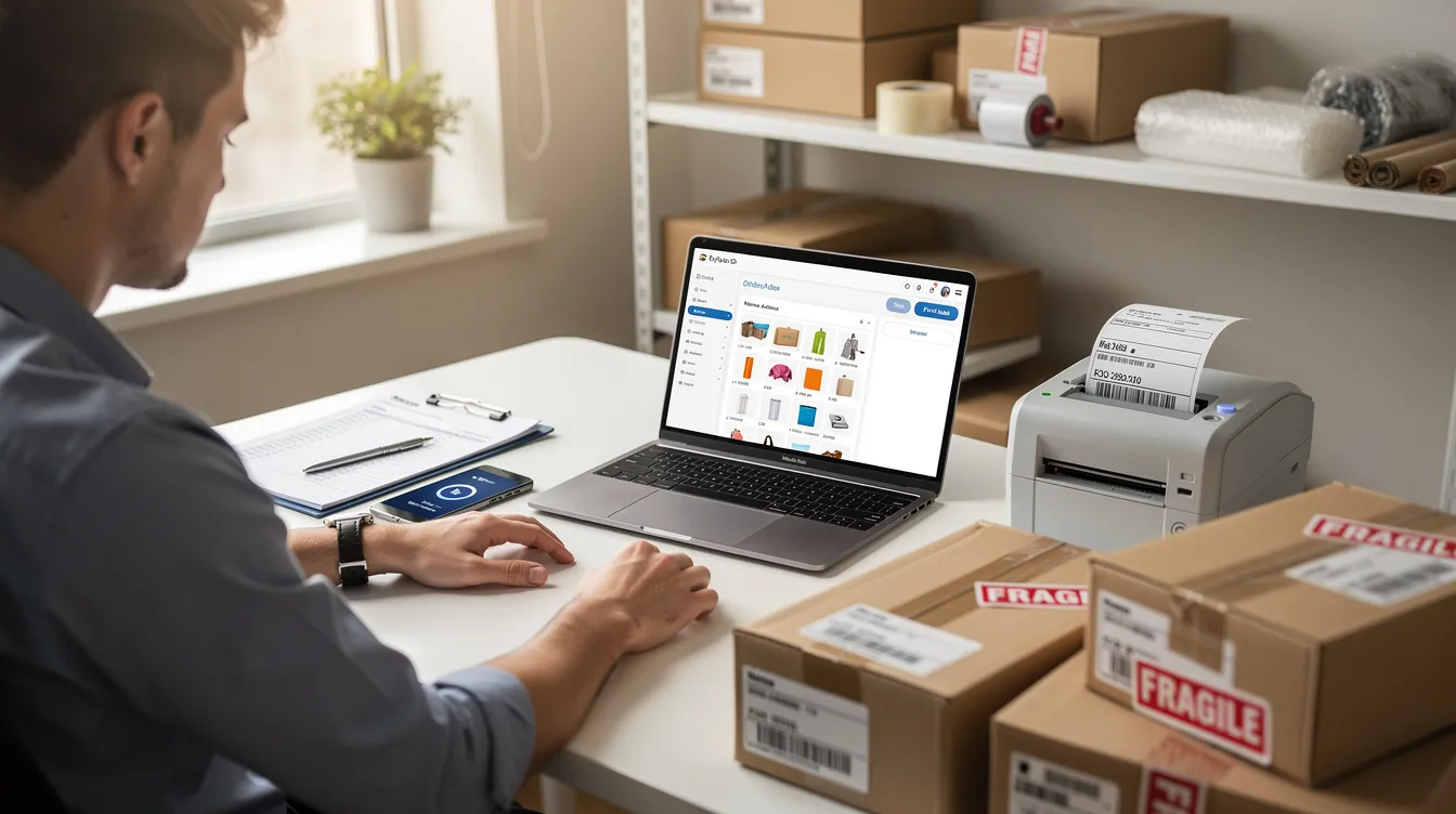 A person is seated at a desk with a laptop, actively managing their online orders and printing shipping labels for their dropshipping business. The scene depicts the entire process of order fulfillment, highlighting the importance of efficient order management for successful sales on platforms like Amazon.