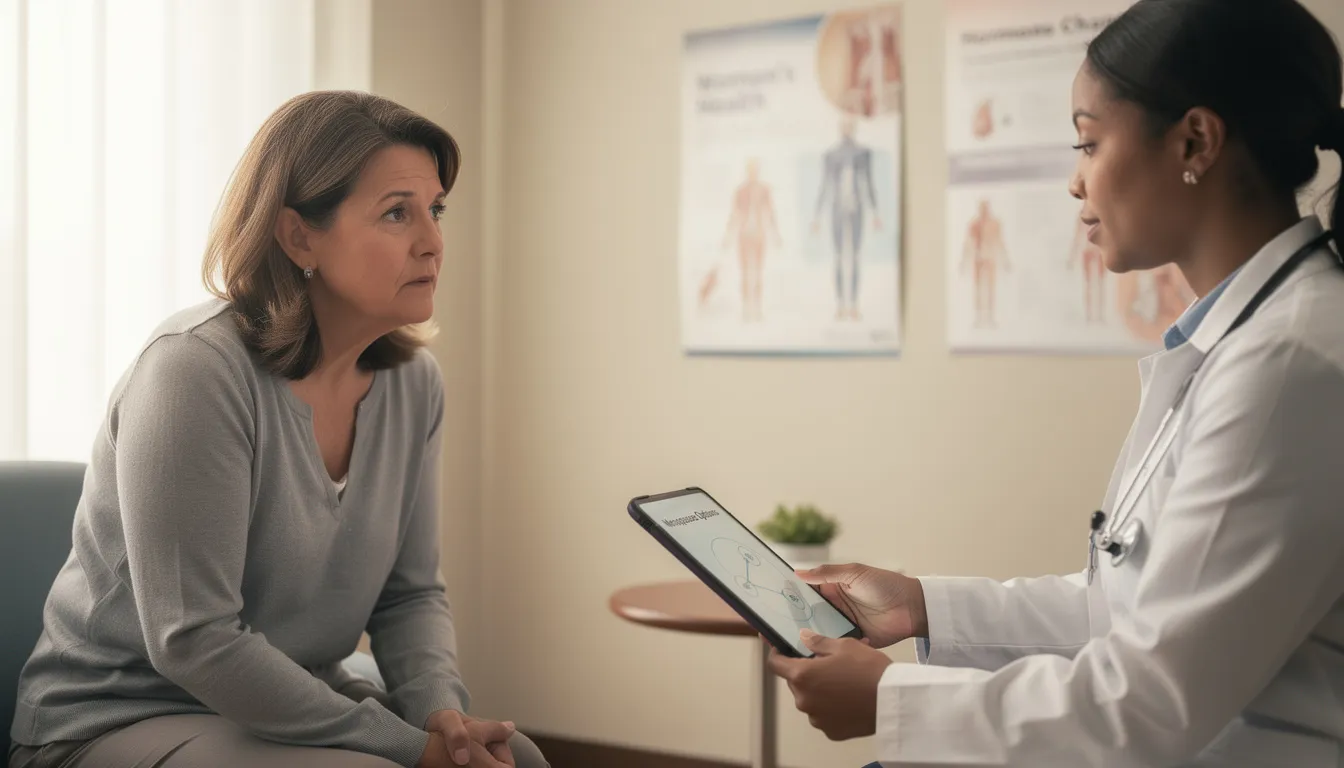 A woman is sitting across from a healthcare provider in a cozy office, discussing various menopause options, including ways to improve sleep quality and manage menopause symptoms like hot flashes and insomnia. The conversation highlights the importance of restful sleep and support for women navigating their menopause journey.