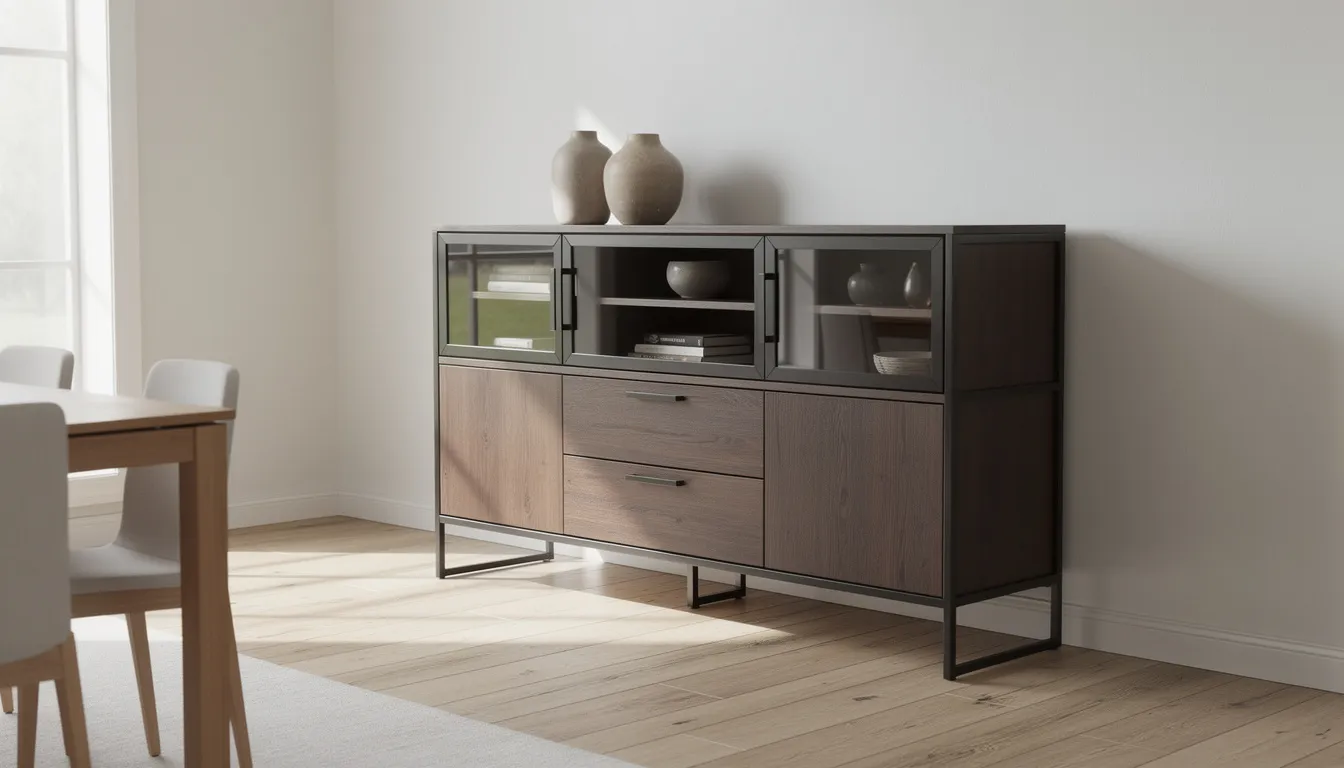 Een sfeervolle buffetkast van donker hout met matzwarte stalen omlijsting staat in een lichte eetkamer met een houten vloer. De kast heeft glazen deuren en biedt opbergruimte voor het mooiste servies, waardoor het een stijlvolle uitstraling heeft in een landelijk interieur.