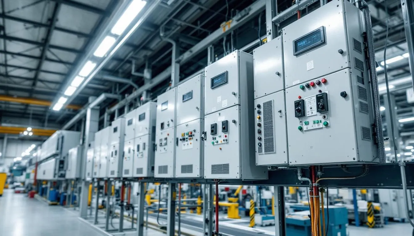 In the image, a team of technicians is installing a battery energy storage system within a manufacturing facility, showcasing various battery modules and power conversion systems. This setup is designed to enhance energy management and provide backup power, integrating renewable energy sources to optimize overall system performance.