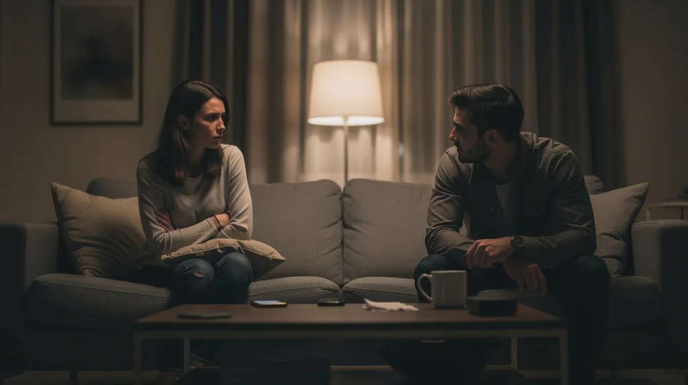 The image depicts a couple sitting at opposite ends of a couch in a dimly lit room, symbolizing the emotional distance often found in toxic relationships. Their separation reflects the struggles of unhealthy dynamics, where feelings of self-doubt and emotional addiction can make it difficult to break free.