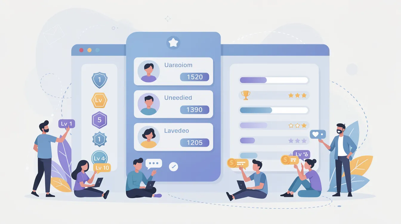 This abstract flat illustration depicts a gamified community platform, showcasing elements like points, levels, and a leaderboard, symbolizing community engagement and competition among members. The design reflects the core features of an active online community, emphasizing community building and the interactive nature of platforms like Skool.