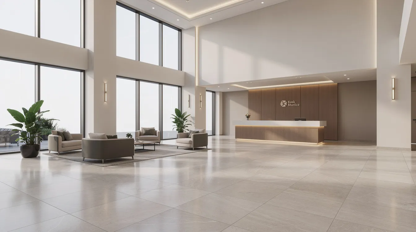 The image depicts a modern commercial lobby featuring large neutral porcelain floor tiles that enhance the space's aesthetic appeal, complemented by warm lighting and contemporary seating arrangements. This design creates a welcoming environment suitable for high traffic areas in various commercial settings.