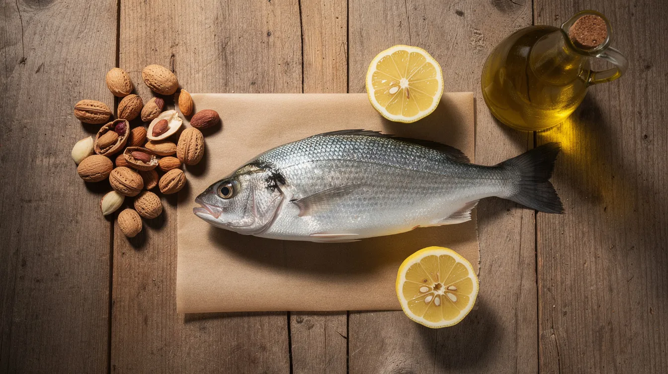 Des ingrédients naturels sont disposés sur une table en bois, comprenant des noix, un poisson, un citron et de l'huile d'olive, symbolisant une alimentation saine qui peut aider à la perte de poids et à la gestion du syndrome des ovaires polykystiques (SOPK) chez les femmes. Ce choix d'aliments met en avant l'importance d'une bonne hygiène de vie pour le bien-être et la santé.