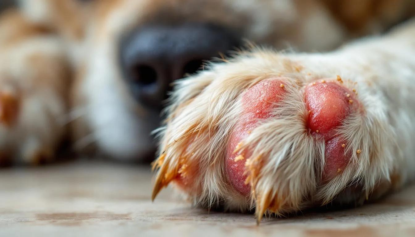 A close-up image of a dog scratching its skin shows visible irritation with dry, flaky skin and white flakes, indicating potential issues such as dog dandruff or skin infections. The dog's coat appears unhealthy, which may suggest underlying allergies or the need for medicated shampoo to improve the dog's skin health.