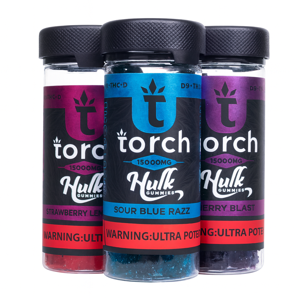 Three Torch Hulk Gummies jars in a row, featuring the flavors Sour Blue Razz, Strawberry Lemonade, and Berry Blast, with bold black lids, colorful labels, and a red “WARNING: ULTRA POTENT” banner at the bottom.