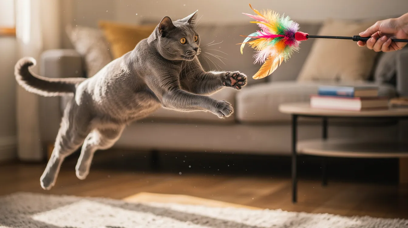 A gray cat is leaping into the air, excitedly trying to catch a feather wand toy held by a person's hand in a cozy living room. This interactive cat toy engages the cat's natural hunting instincts, providing fun and entertainment during playtime.