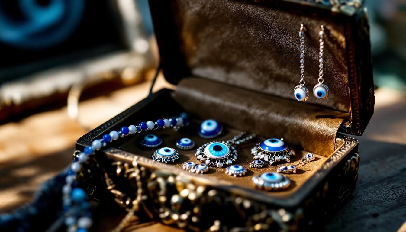 The image features an elegant jewellery box filled with a beautiful evil eye jewellery collection, including evil eye bracelets, earrings, and pendants, all designed to protect against negative energies and bring positivity. The intricate pieces showcase the ancient symbol of the evil eye, believed to ward off bad luck and evil spirits, making them a meaningful addition to any jewellery collection.
