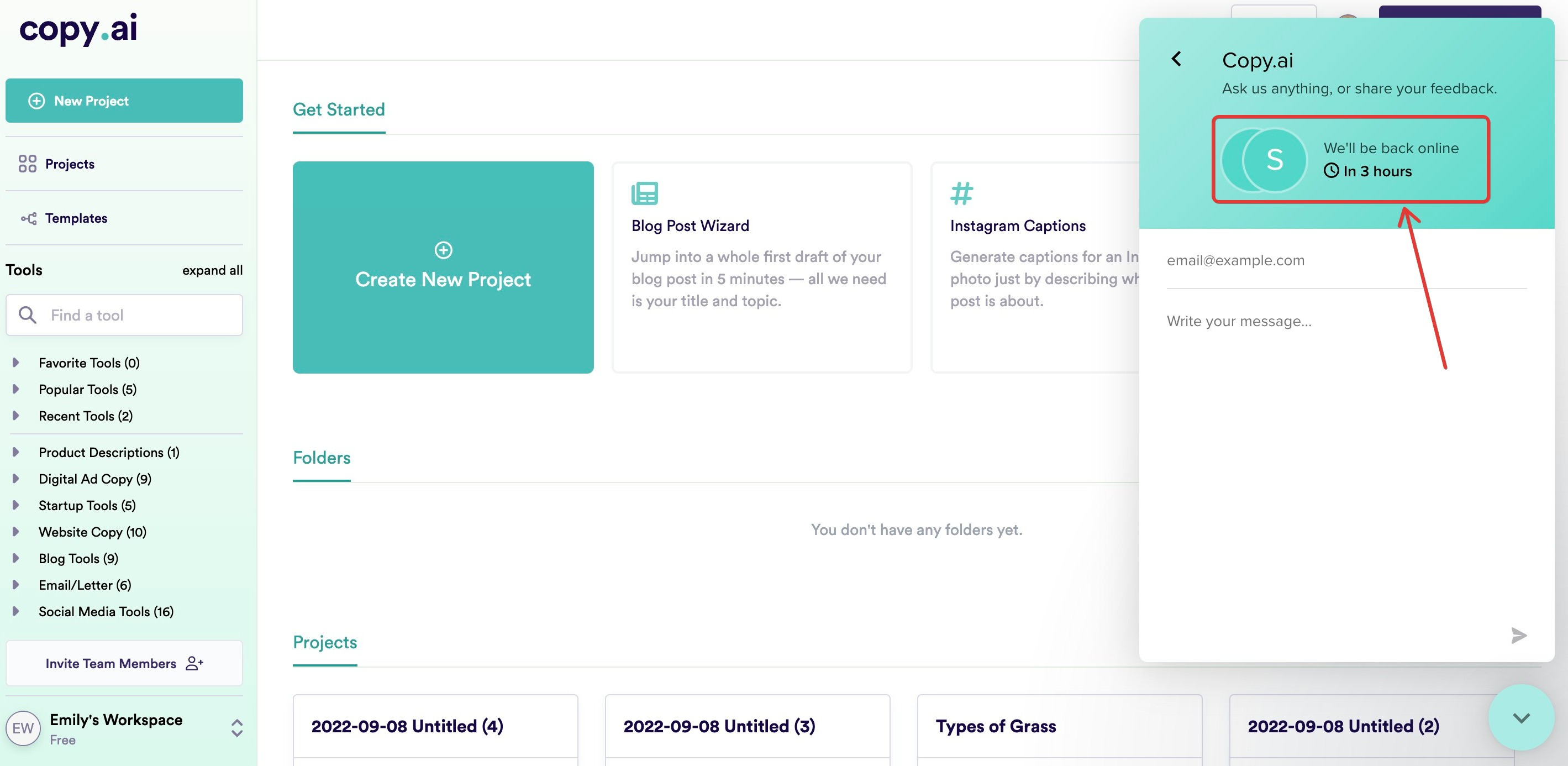 Jasper AI vs Copy AI - Copy AI's help section on the user dashboard