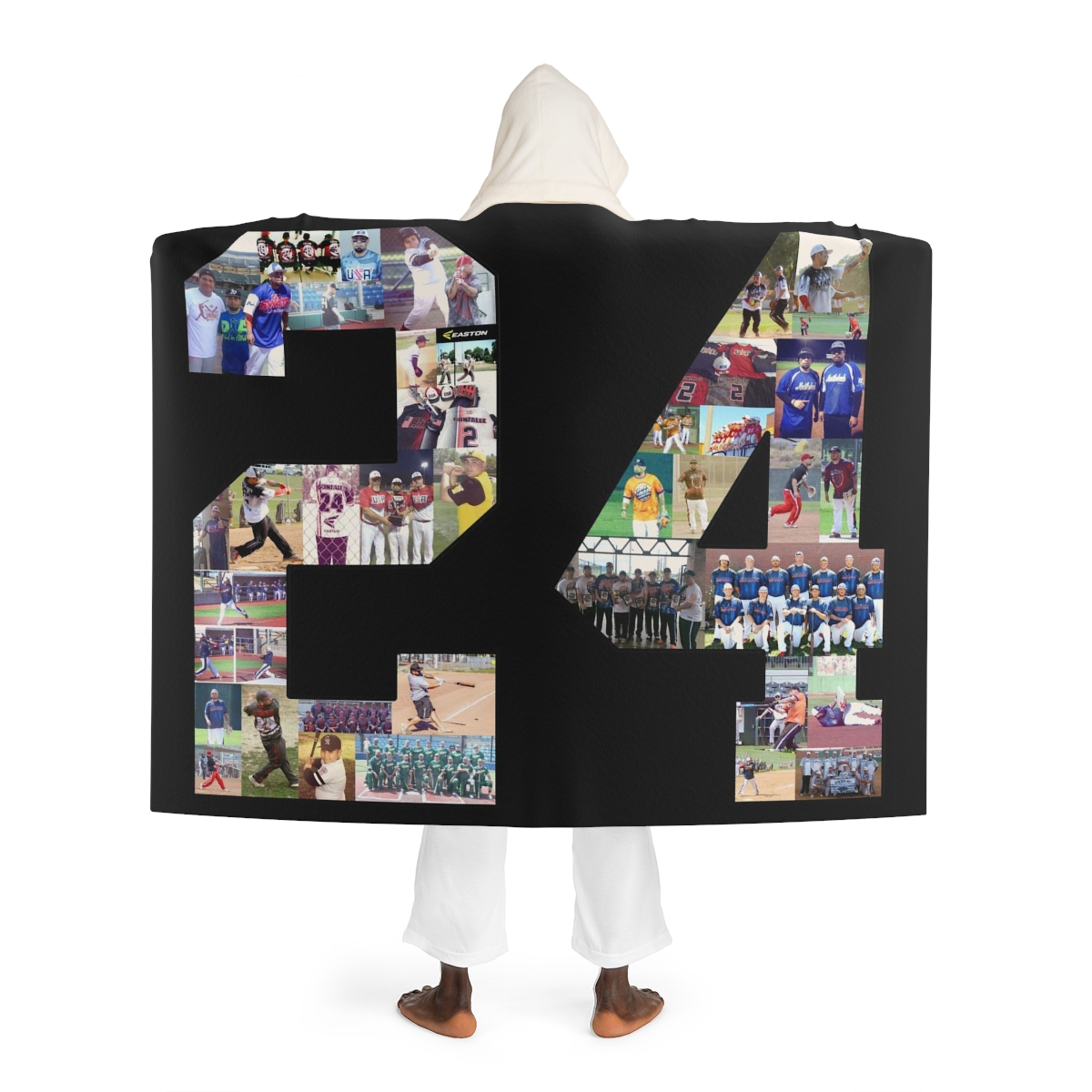 Photo blankets come in creative formats like this hooded sherpa fleece blanket featuring your favorite player's jersey numbers.