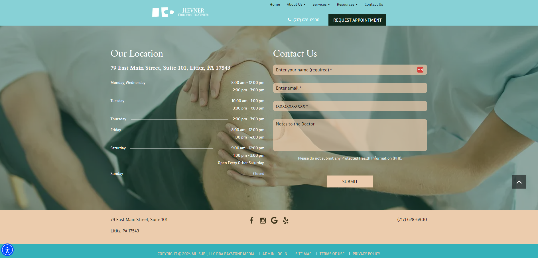 Hevner Chiropractic Center contact page featuring clear office hours, location details, and a contact form on the right.