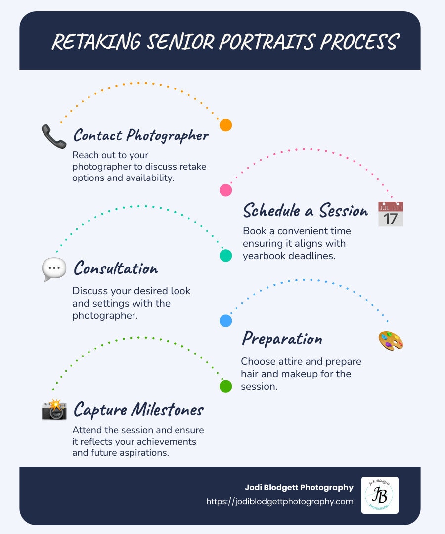 Infographic of the retaking senior portraits process, including steps to contact a photographer, schedule a session, and prepare for retakes with notes on personal style updates and yearbook considerations. It also highlights the importance of capturing individual milestones in senior photos - can i retake my senior portraits - high schools