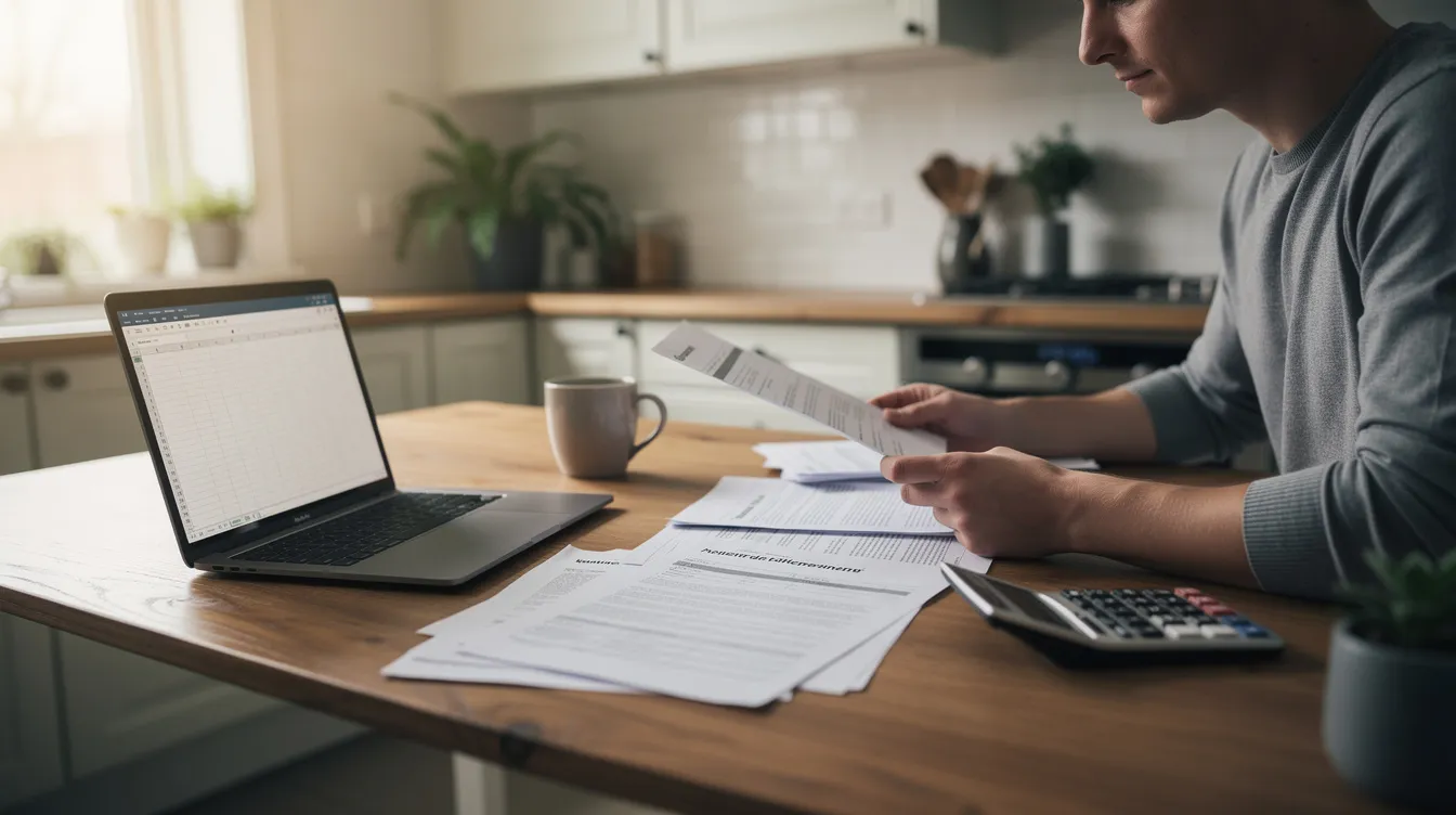 A person is seated at a kitchen table, intently reviewing loan documents alongside a laptop and calculator, which suggests they are comparing different home equity line options and calculating potential monthly payments for an investment property. The setting conveys a focus on financial planning, possibly related to securing a home equity loan or understanding closing costs.