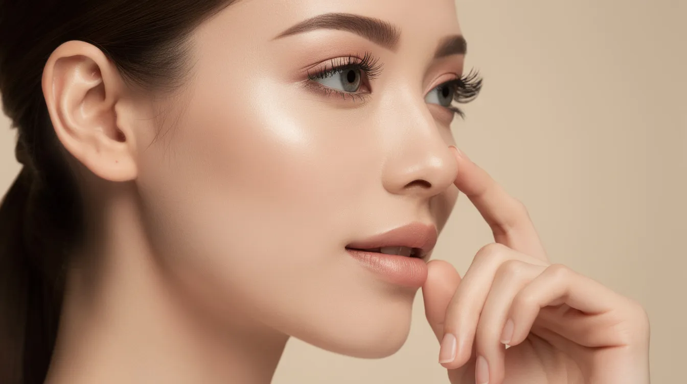 A close-up profile view features a woman with smooth facial features gently touching her nose, highlighting the nasal tip. This image subtly suggests the effects of non-surgical nose treatments like botox nose slimming, which can enhance facial anatomy and provide a slimmer appearance.