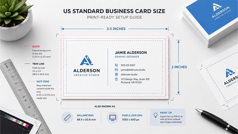 US standard business card size guide showing 3.5 x 2 inches bleed trim line safe zone and 300 DPI pixel dimensions