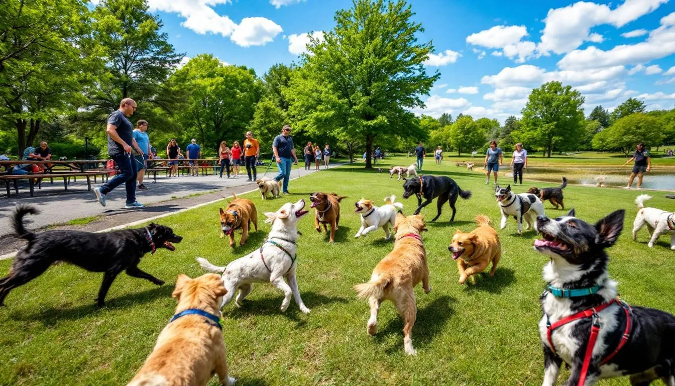 In a bustling dog park, several dogs of various breeds, including a golden retriever and a shiba inu, are energetically playing together while their pet parents socialize in the background. The lively atmosphere captures the joyful interaction of these dogs, showcasing their adventurous spirit and natural social tendencies.