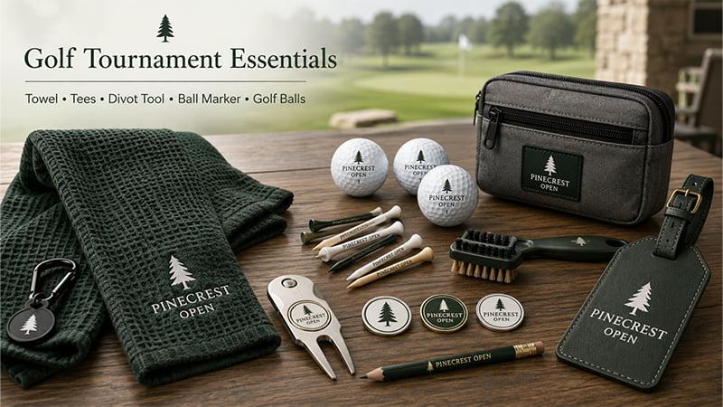Golf tournament essentials including towel, tees, divot repair tool, ball markers, golf balls, brush, pencil, pouch, and bag tag