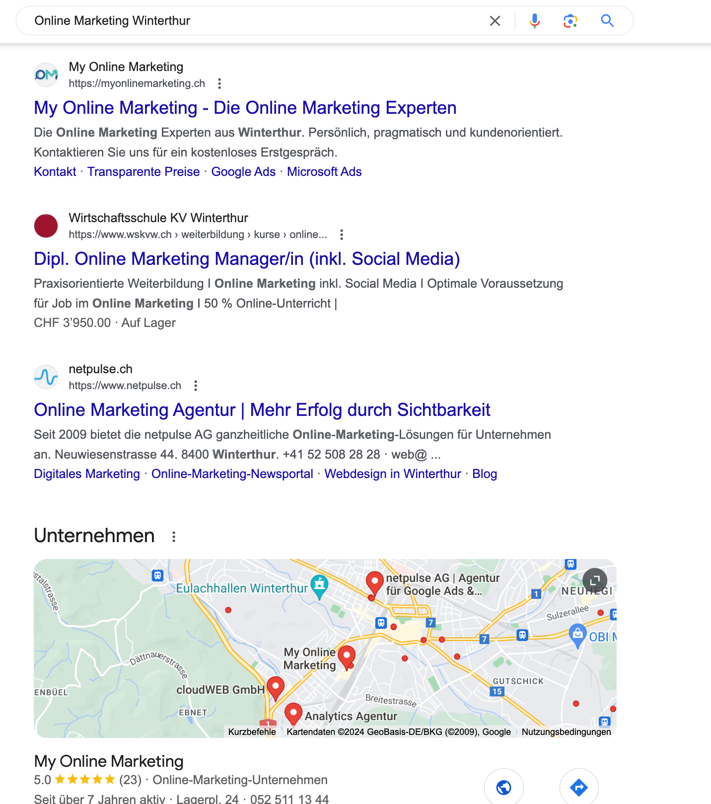 Beispiel für SEO-Resultate für das Keyword "Online Marketing Wintherthur"