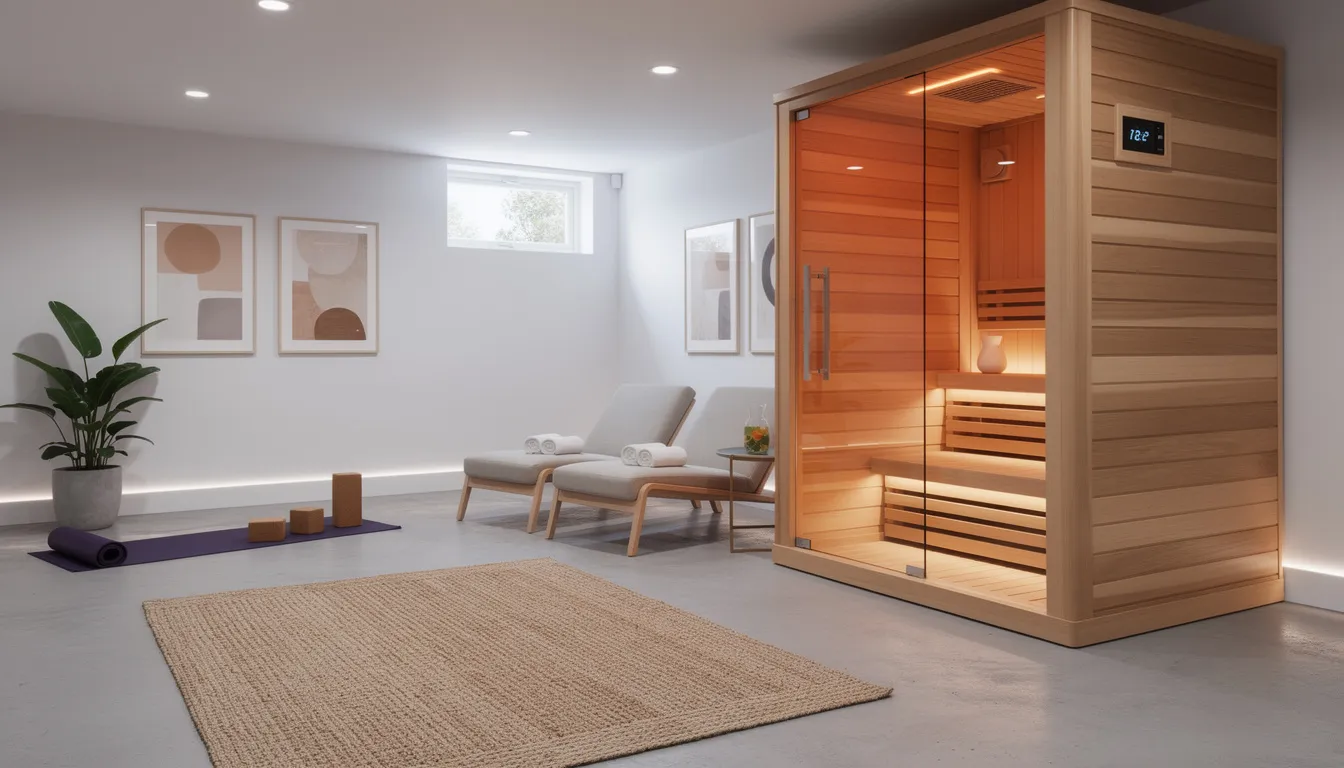 The image depicts a modern basement transformed into a wellness space featuring a sauna installation, showcasing wooden sauna walls and an electric sauna heater. This calming environment is designed for relaxation and health benefits, including improved cardiovascular health and stress reduction, with proper ventilation and moisture control features integrated into the design.