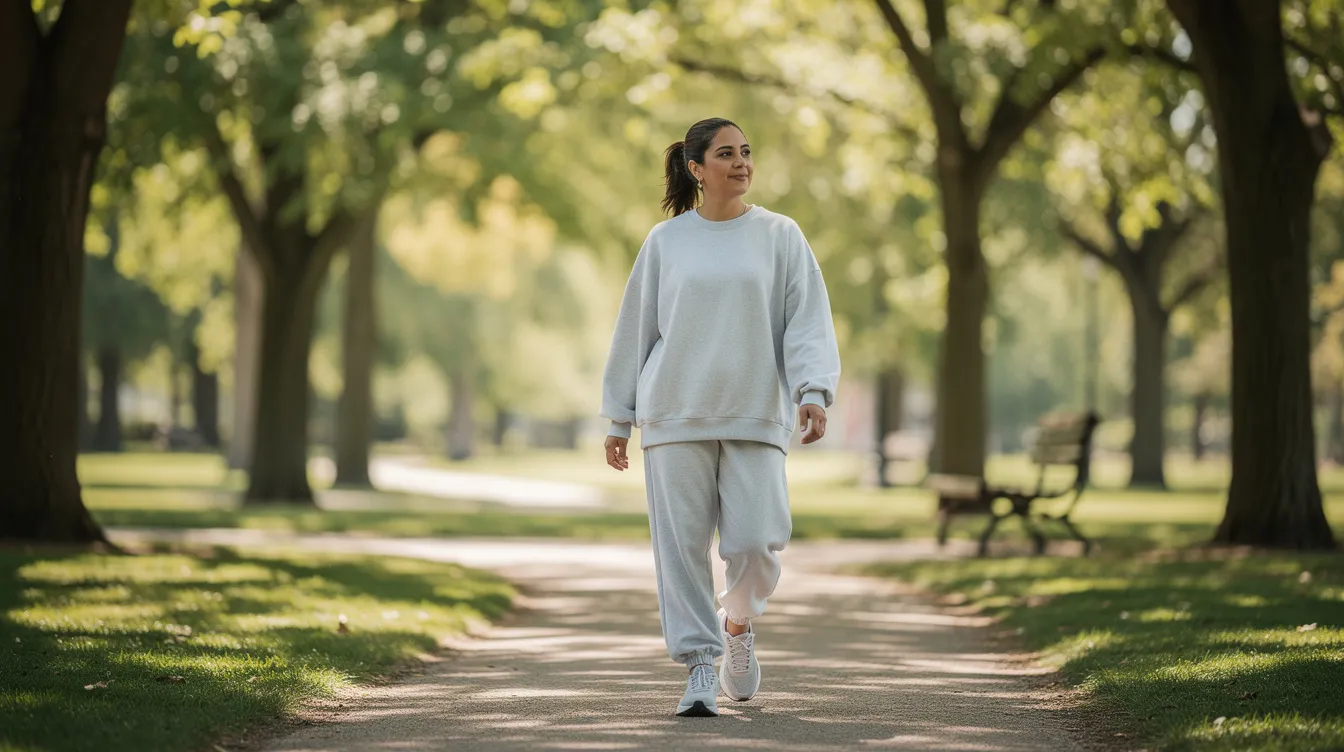 Una mujer camina tranquilamente por un parque arbolado, vistiendo ropa deportiva holgada que le permite moverse con comodidad. Esta imagen evoca un sentido de paz y bienestar, ideal para aquellas mujeres que están en el proceso de recuperación tras una labioplastia, buscando mejorar su calidad de vida y autoestima.