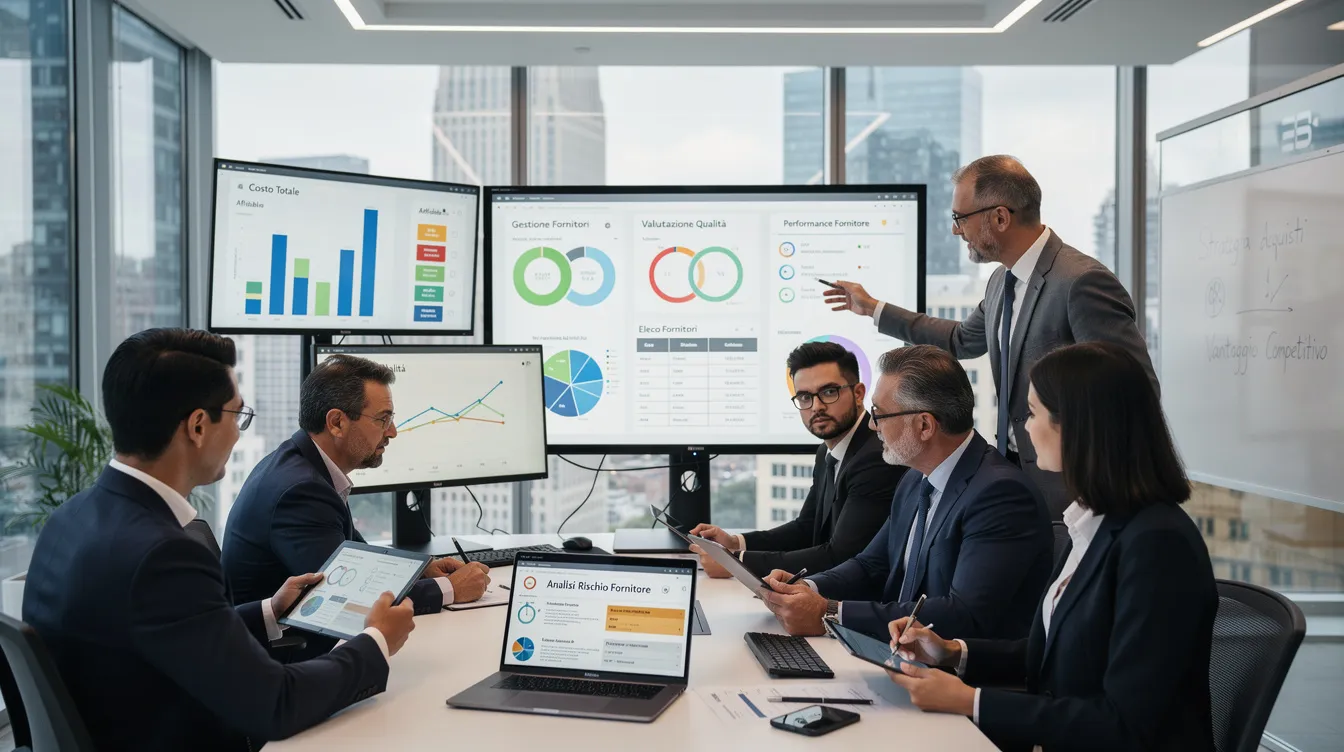 Un gruppo di professionisti del procurement analizza dati su schermi digitali in un ufficio moderno, concentrandosi sulla gestione dei fornitori e sulla valutazione della loro qualità. L'ambiente è arricchito da strumenti tecnologici che ottimizzano il processo decisionale e aumentano la competitività dell'azienda.