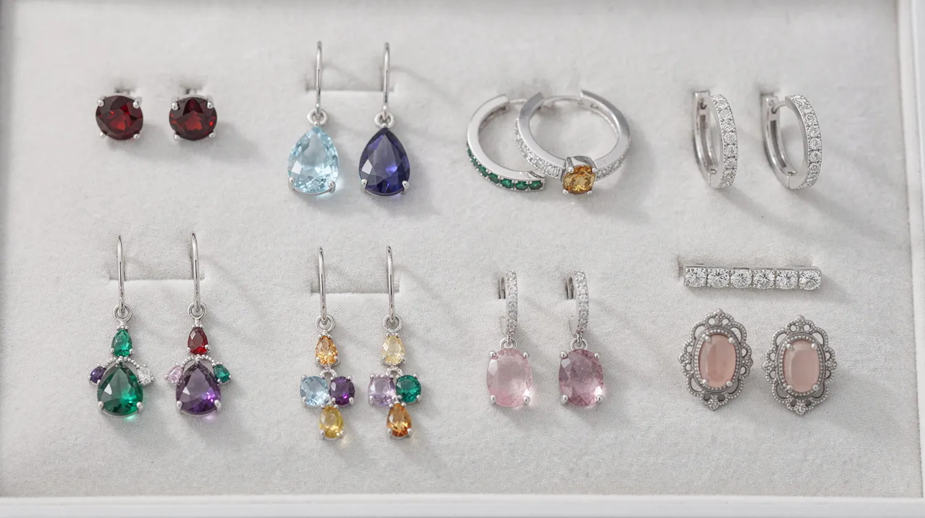 This image showcases a collection of beautiful birthstone earrings, including stunning birthstone stud earrings in various colors such as ruby, sapphire, and emerald. Perfect for everyday wear or as a thoughtful birthday gift, these earrings add a personal touch to any outfit.