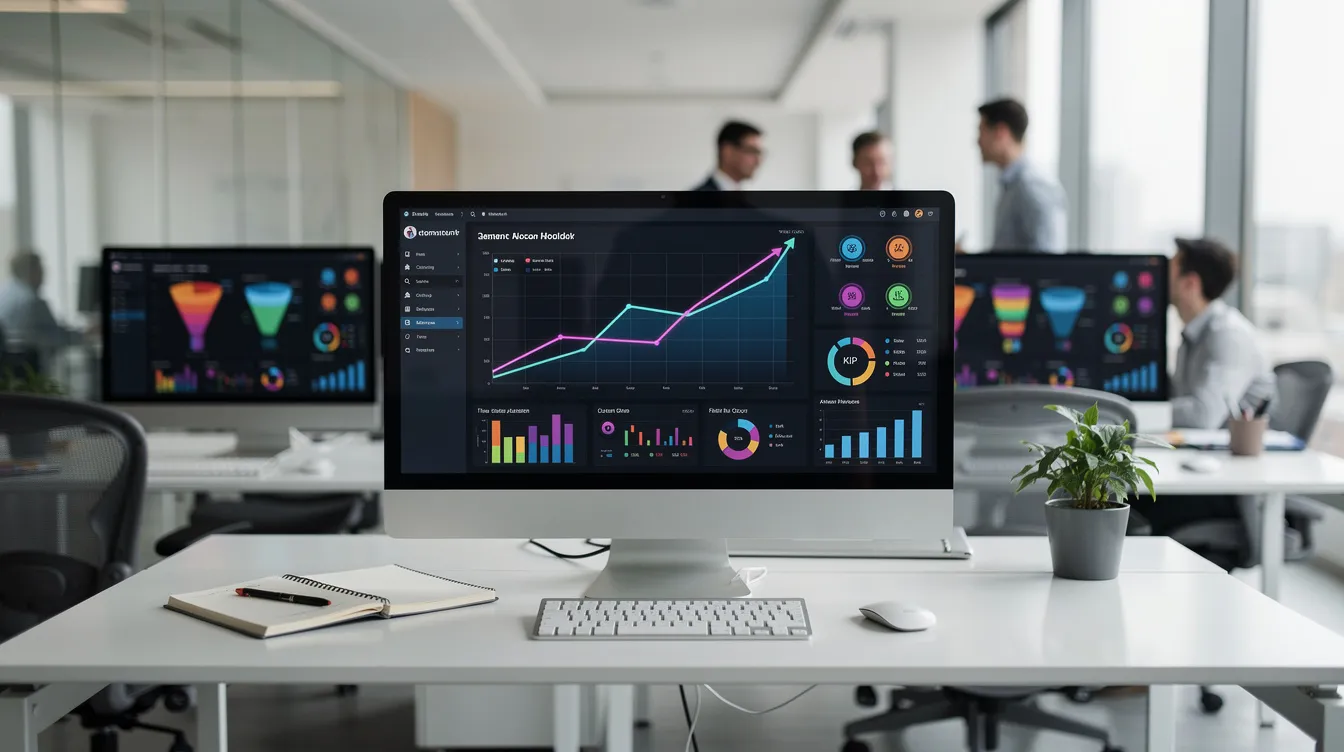 2517d2b5 6d0e 41cb ad87 152dba088977 The image depicts a modern office workspace featuring multiple computers displaying digital marketing analytics and data visualizations. This environment reflects a hub for business growth and innovation, ideal for exploring profitable business ideas and strategies in Andhra Pradesh.